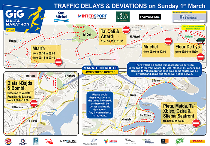 2020 Malta Marathon Traffic Deviations